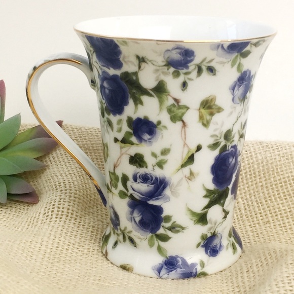 Porcelain Treasures Other - Blue Rose Gold Trim coffee mug victorian large ivy